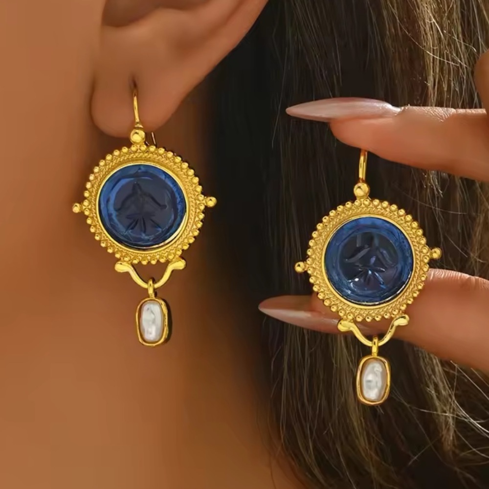 Vintage blue Cameo Earrings – Gold Drop Pearl Accent Jewelry